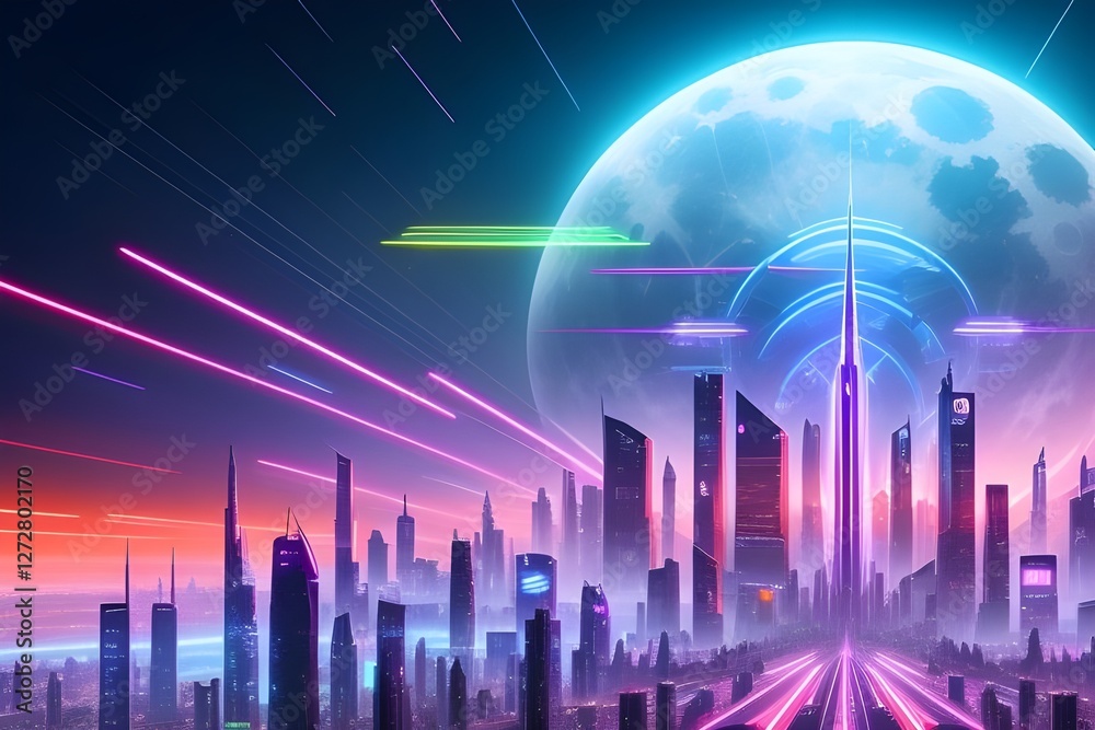Fototapeta premium A neon-lit futuristic city buzzes with towering skyscrapers, flying cars, and holographic ads. A holographic moon looms over a gradient sky of purples and oranges.