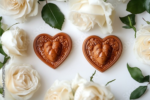 Classic Women's Day design with classic heart cameos and classic white roses on a timeless white backdrop.