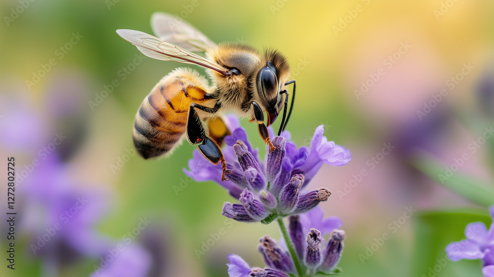 World Bee Day, close-up of honey bee landing on small purple flower with pollen grains on its body, Ai generated images World Bee Day, close-up of honey bee landing on small purple flower with pollen grains on its body, Ai generated images