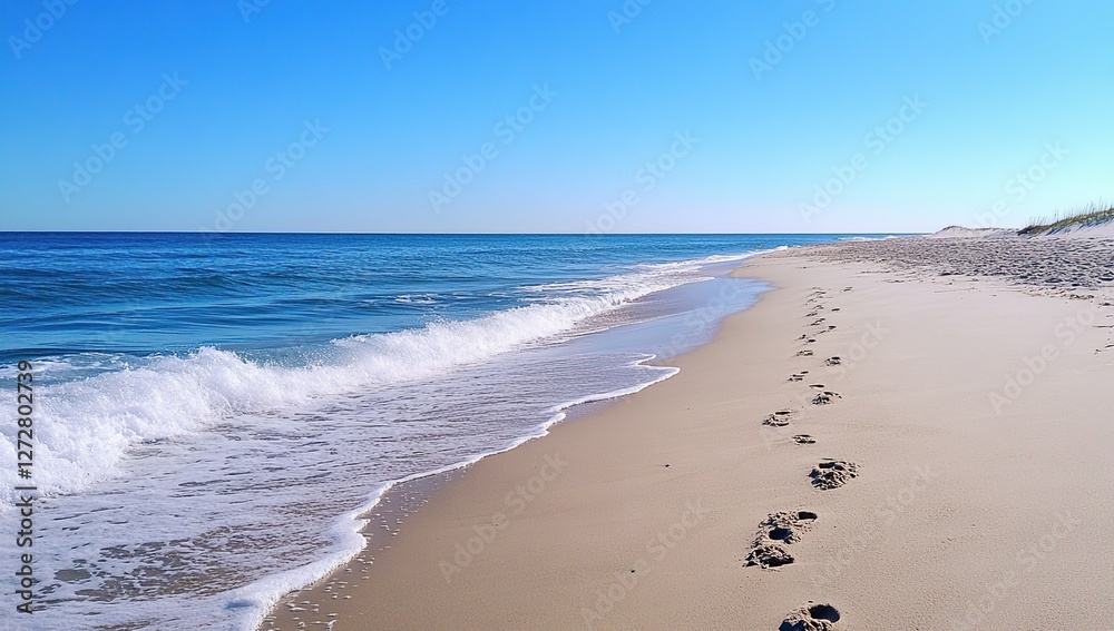 Ocean Waves Crashing on Sandy Beach, Footprints in the Sand, Serenity and Tranquility by the Sea Under Blue Sky Ocean Waves Crashing on Sandy Beach, Footprints in the Sand, Serenity and Tranquility by the Sea Under Blue Sky