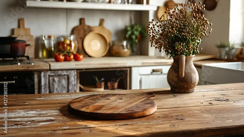 Rustic Kitchen Scene: A beautifully arranged rustic kitchen features a wooden countertop, cutting boards, fresh tomatoes, and a vase of dried flowers, evoking warmth and a sense of home cooking.