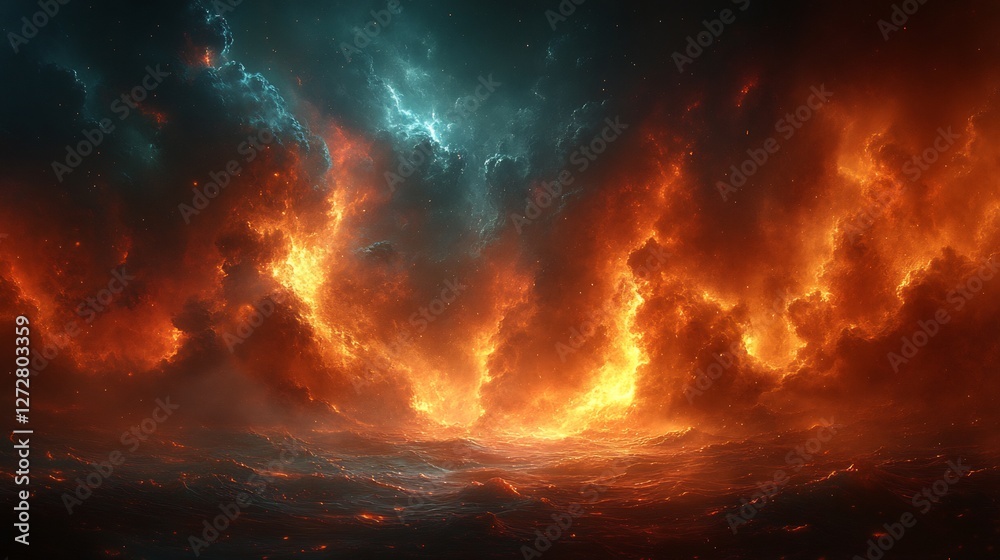 Obraz premium Fiery Inferno Sky Dramatic Composition Orange Blue Flames. AI Generated