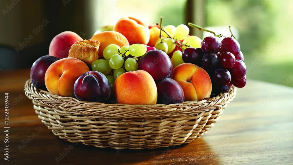 Fresh fruit basket with assorted fruits on wooden table in a bright room during the daytime Fresh fruit basket with assorted fruits on wooden table in a bright room during the daytime