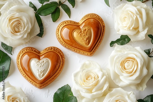 Classic Women's Day design with classic heart cameos and classic white roses on a timeless white backdrop.