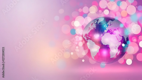 Digital World Globe Floating Amidst Abstract Colorful Bokeh Lights on a Dreamy Backdrop.