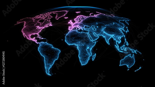 Digital World Map Connection Network Globe Visualization Pink North Blue South Continents Points.