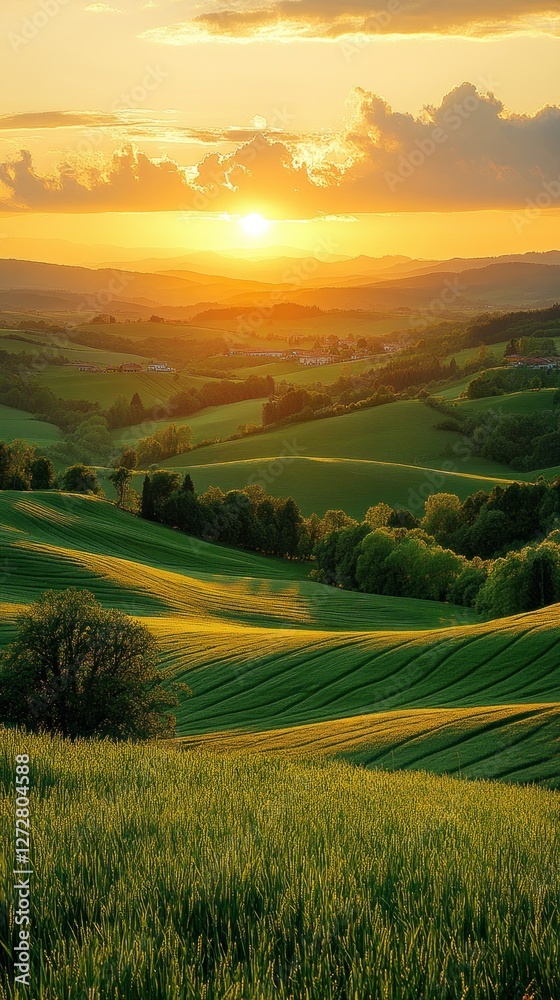 Fototapeta premium Golden Hour Landscape: Rolling Hills Bathed in Sunset's Glow