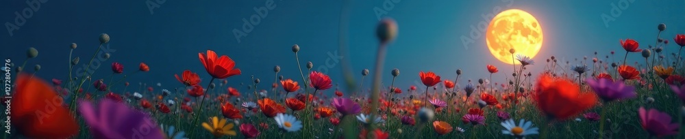 Obraz premium Softly glowing moon illuminates a field of colorful wildflowers, soft focus, flowers, wildflowers