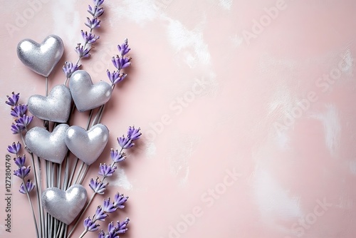 Contemporary poster for Women's Day featuring lavender and silver hearts on a muted pink canvas.