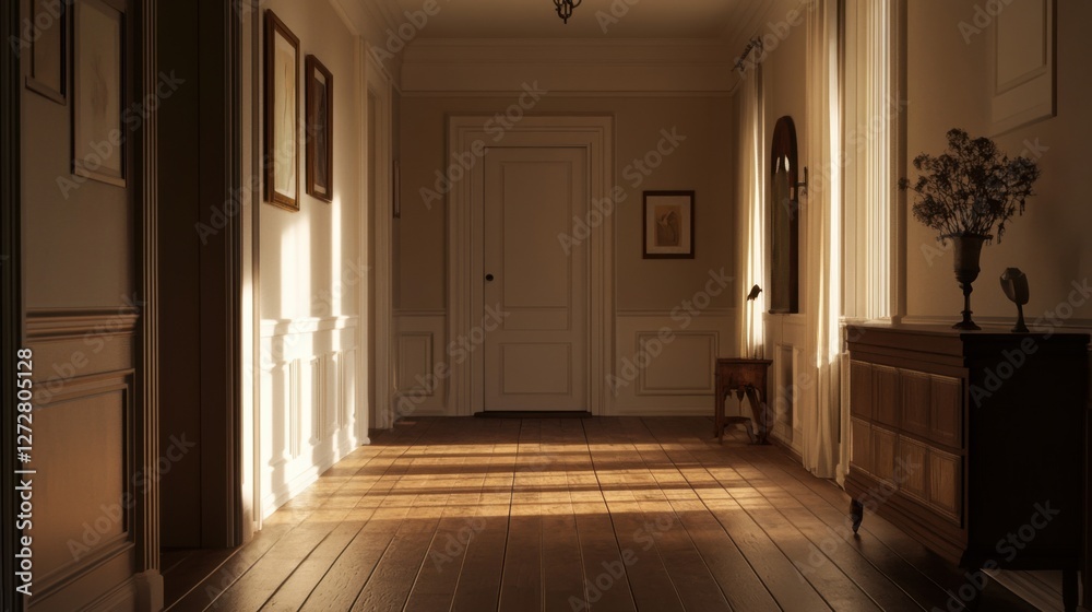 Dementia risk symbolized by an empty hallway in a dimly lit house. Featuring soft light and neutral colors Dementia risk symbolized by an empty hallway in a dimly lit house. Featuring soft light and neutral colors