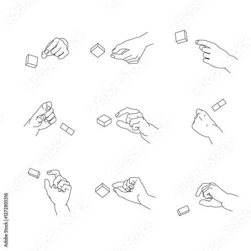 つまむ手のイラストのセット。白黒のベクターイラスト。