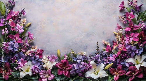 Orchids in vivid purple and pink tones paired with bright white lilies, forming a stylish floral frame, open middle space with a pale gradient background, natural soft light, hd textures,
