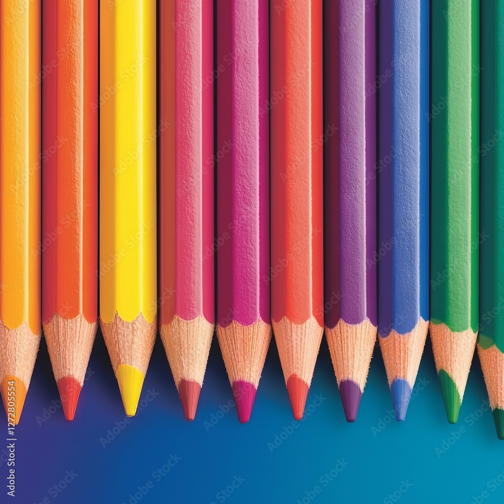 Vibrant collection of colored pencils arranged in a rainbow pattern on a blue background Vibrant collection of colored pencils arranged in a rainbow pattern on a blue background