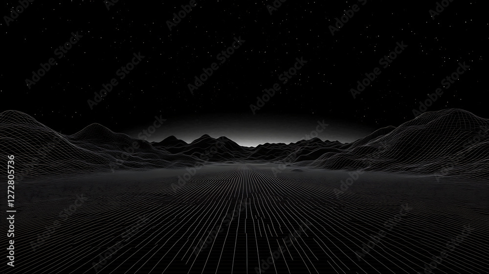 custom made wallpaper toronto digitalDystopian Future Landscape Grid Mountains Dark Night Sky Stars Cyberpunk Noir Wireframe Horizon Illusion.