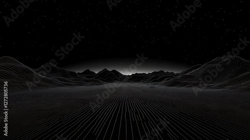 Dystopian Future Landscape Grid Mountains Dark Night Sky Stars Cyberpunk Noir Wireframe Horizon Illusion.