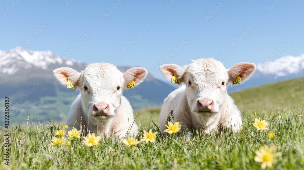 Two calves resting in alpine meadow, mountains background; idyllic farm scene Two calves resting in alpine meadow, mountains background; idyllic farm scene