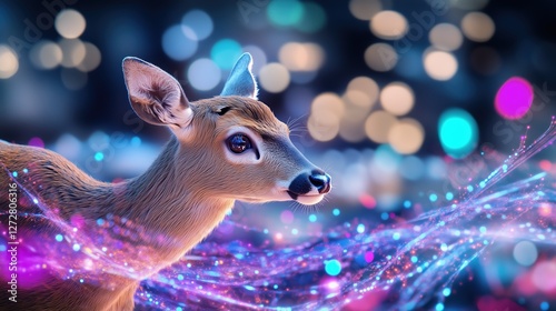 Captivating Roe Deer Amidst Enchanting Vibrant Abstract Technological Lights photo