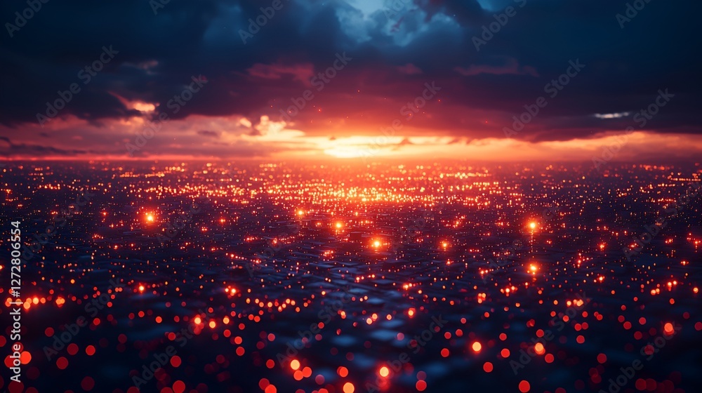 Fototapeta premium Cityscape sunset, vibrant lights, dramatic clouds, aerial view, background illustration