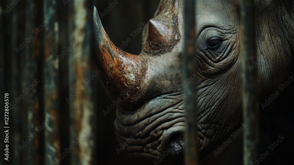 Obraz premium Close-up view of a rhino's head and horn showcasing its texture and characteristics in a confined space at a wildlife conservation facility