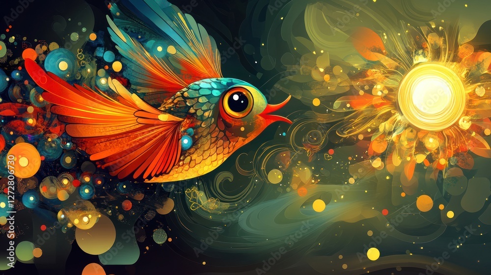 Fototapeta premium A vibrant, swirling background with abstract shapes and patterns, prominently featuring a stylized, cartoonish bird.