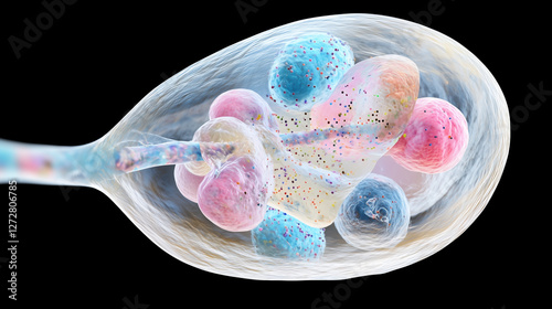 Stunning microscopic image capturing cell division with vibrant colors and intricate details, showcasing beauty of biological processes