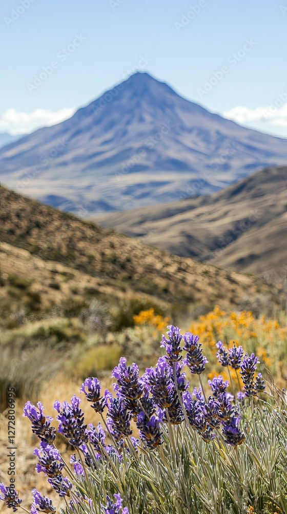 Obraz premium Vibrant lavender flowers in the foreground with a majestic mountain backdrop under clear skies