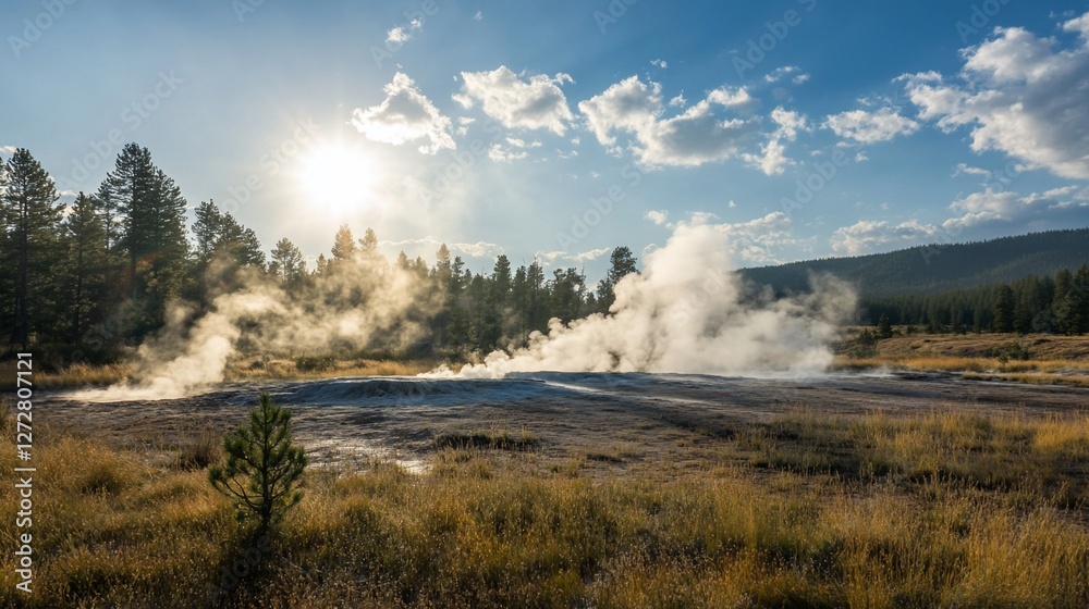 Geothermal area with steam rising at sunset. Geothermal area with steam rising at sunset.
