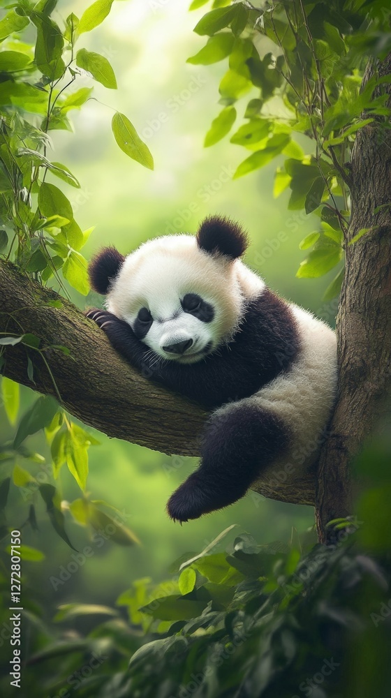 Obraz premium Adorable young panda climbing in lush green tree