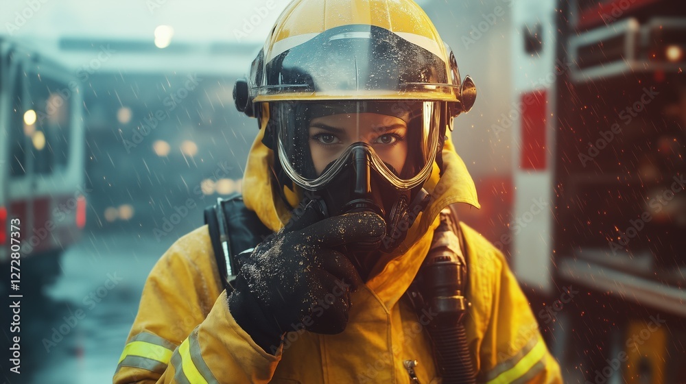 Obraz premium Experienced Firefighter in Full Protective Gear During an Emergency, Highlighting Safety and Courage
