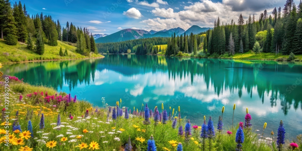 Fototapeta premium Serene turquoise lake surrounded by vibrant wildflowers and reflected trees in a picturesque landscape
