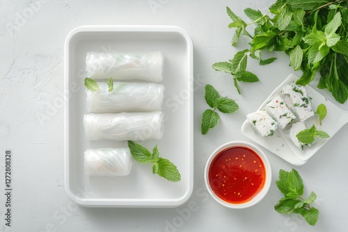 Fresh Vietnamese spring rolls, mint, sauce, overhead