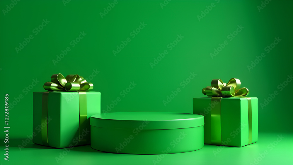 Happy saint patpick's day background with cylindrical podium for promotion. Round stage for product sales presentation. Stage pedestal or platform between green gift boxes on green background