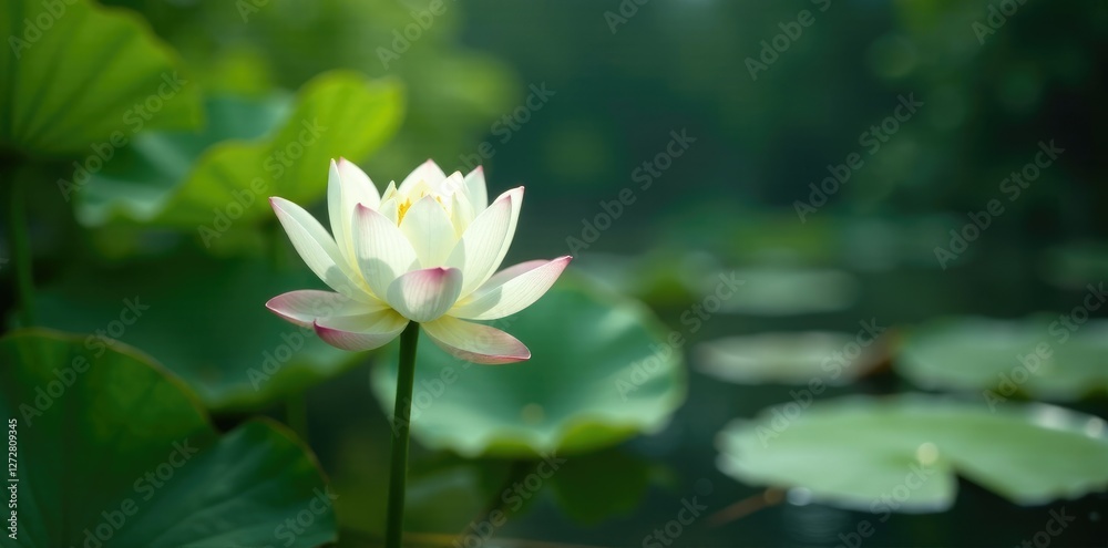 White lotus on a leafy branch suspended in the air above a serene pond, flowers, nature, airy scene White lotus on a leafy branch suspended in the air above a serene pond, flowers, nature, airy scene