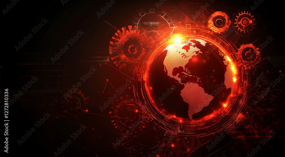 Obraz premium Futuristic Globe Concept with Gears and Digital Elements in Red