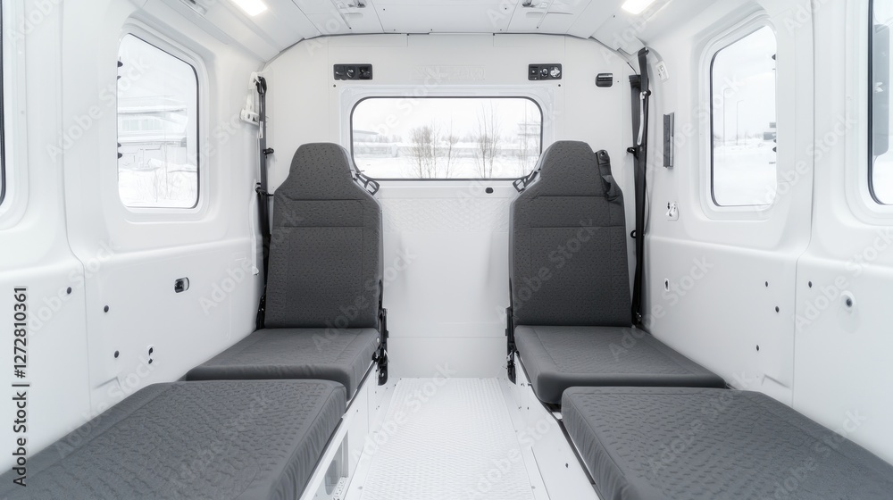 Fototapeta premium Mobile medical unit interior; two benches, window view
