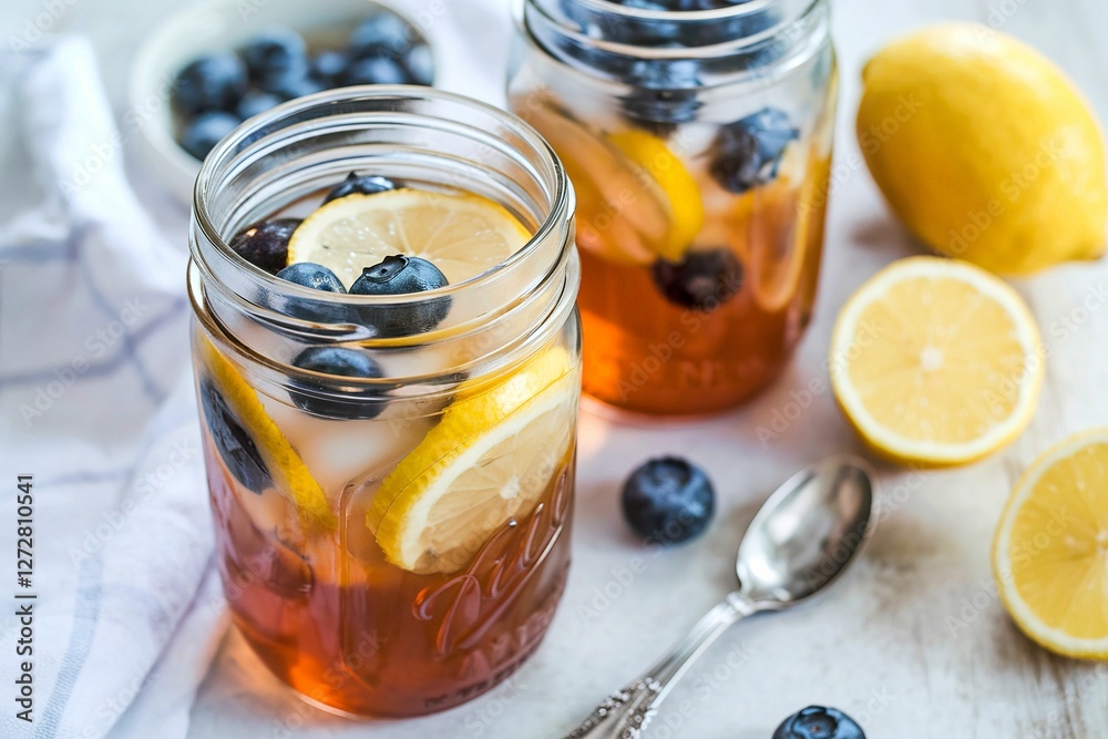 Ice tea with lemon and blueberry in mason jars Ice tea with lemon and blueberry in mason jars