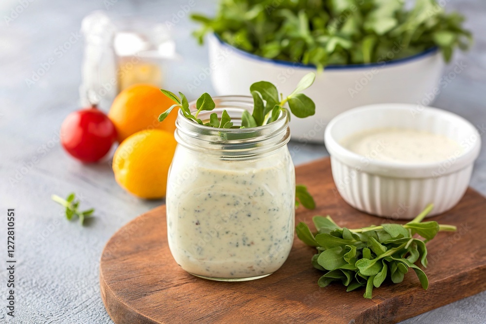 Homemade ranch dressing in a small jar with fresh greens Homemade ranch dressing in a small jar with fresh greens