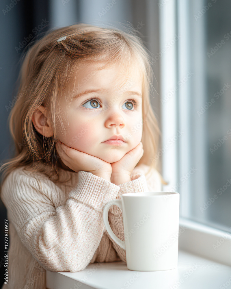 Pensive child looking out window home portrait cozy setting close-up innocence Pensive child looking out window home portrait cozy setting close-up innocence