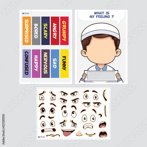 Educational cartoon moslem face expression game for children with cut and paste activity.
