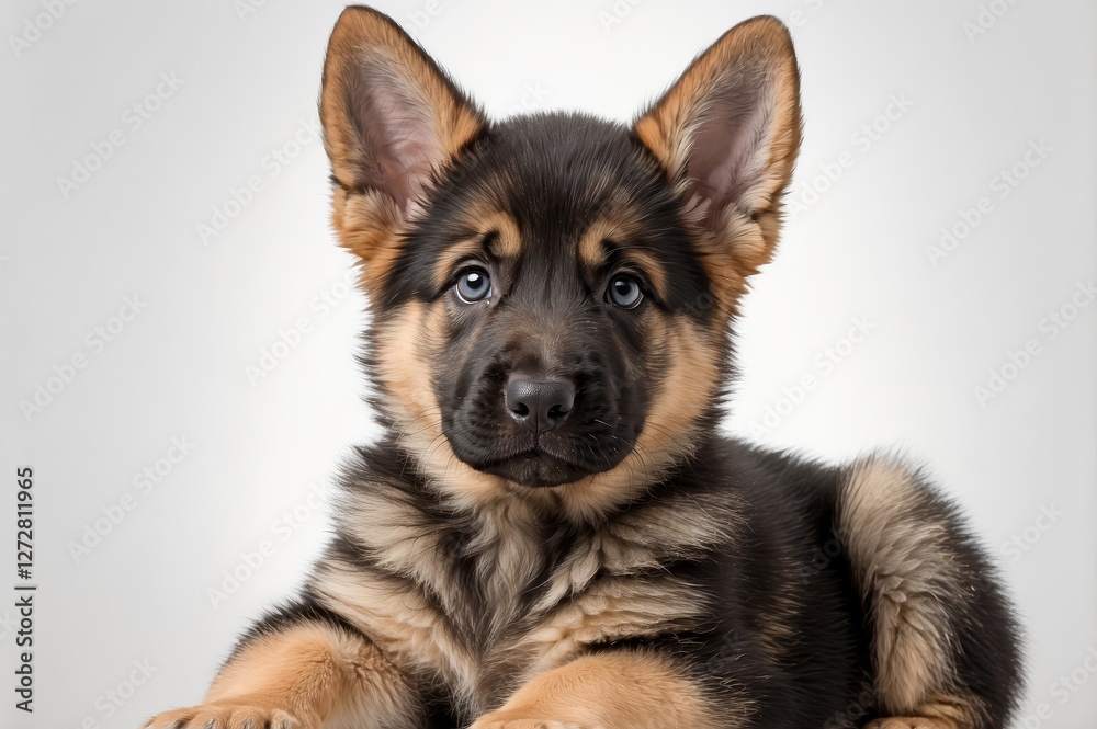 Adorable German Shepherd puppy with blue eyes lying down, looking at the camera. Adorable German Shepherd puppy with blue eyes lying down, looking at the camera.