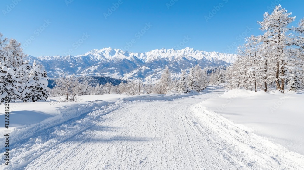 Obraz premium Snow-covered road winds through a winter forest of frost-laden pine trees toward majestic snow-capped mountains under a clear blue sky.