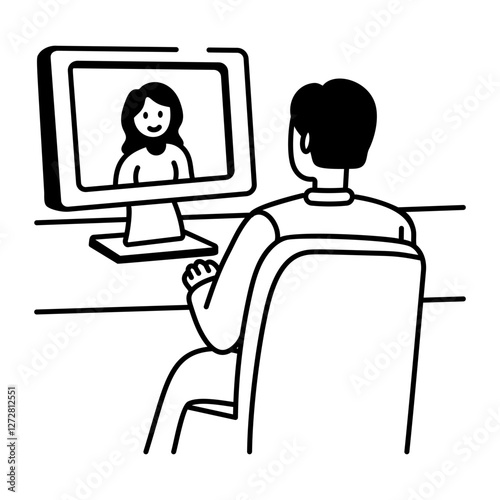 A character doing video call, doodle style icon 
