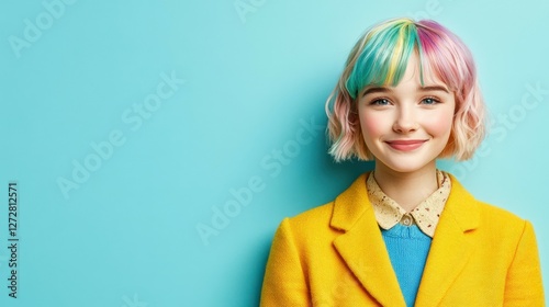 Joyful and colorful woman with trendy hair and jacket: Portrait of a stylish young woman, a vision of modern beauty with vibrantly colored hair, radiating a sense of happiness and confidence. photo
