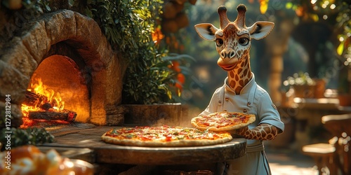Fototapeta Naklejka Na Ścianę i Meble -  Giraffe Chef Presents Delicious Stone Oven Pizzas