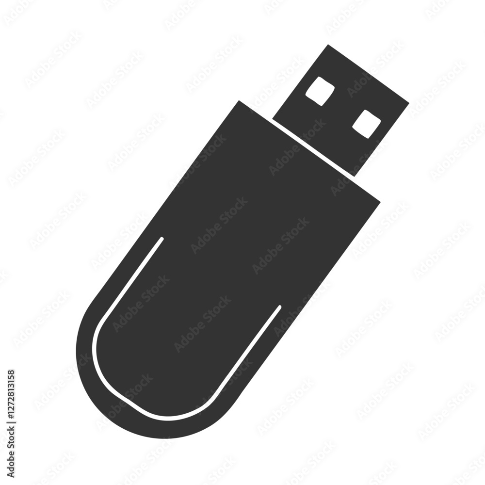 Simple vector illustration of a USB flash drive, A solid dark black silhouette of a USB flash drive