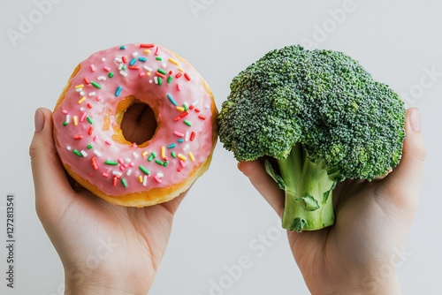 Hands hold donut and broccoli; choice; healthy eating; white background; diet photo