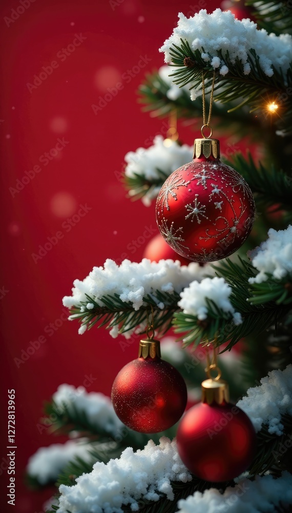 Winter festive scene with ornaments on a snowy tree against a red background, holiday, ornaments Winter festive scene with ornaments on a snowy tree against a red background, holiday, ornaments