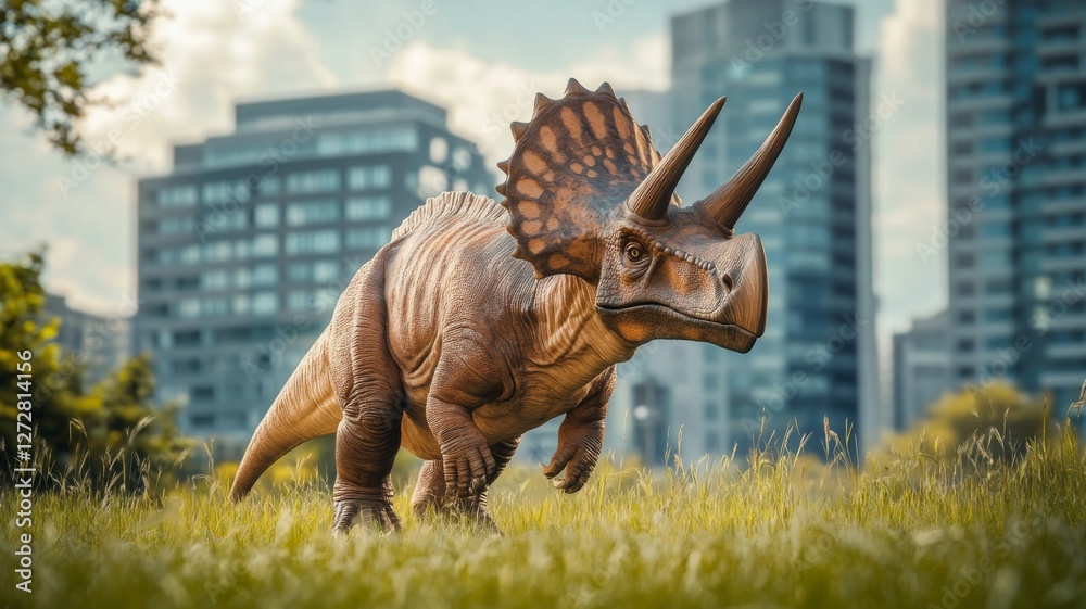 Fototapeta premium Triceratops roaming a grassy field near modern city buildings on a sunny day with blue sky and clouds