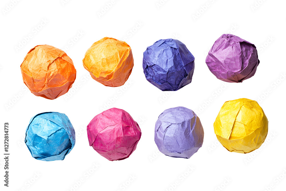 Fototapeta premium Crumpled sheet cycle balls multicolor paper against. Image highlights textures and folds of paper, symbol waste, mistakes, or recycling. Isolated on cut out PNG or transparent background.