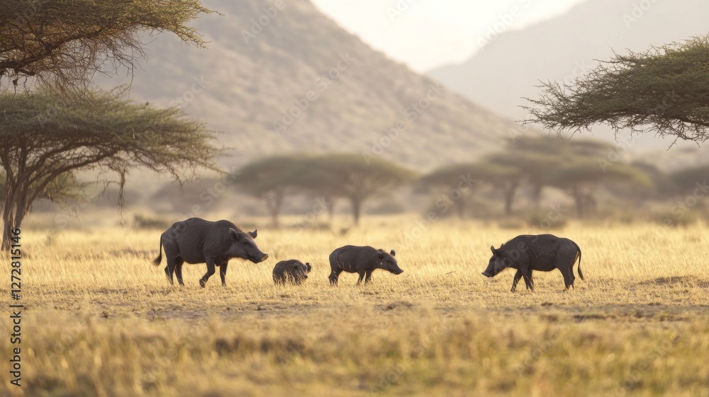 Family of warthogs foraging on the grassy savanna during the golden hour in a tranquil African landscape Family of warthogs foraging on the grassy savanna during the golden hour in a tranquil African landscape